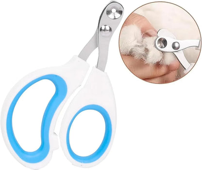 Blue cat nail clippers with a circular safety hole and cushioned non-slip grips on a white background.