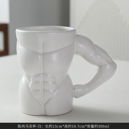 Men's ceramic mug with embossed muscular arm design in matte black finish, 300ml capacity