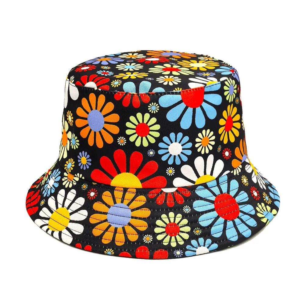 Flower print polyester bucket sun hat with dome crown in size M for 56-58cm head circumference