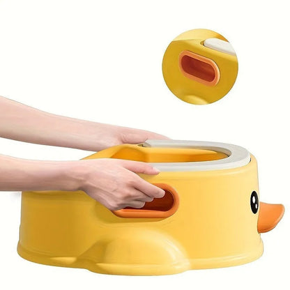Blue PVC duck-shaped bathtub for washing a small dog, shown on a tiled floor.