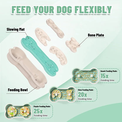 Green, pink, and yellow large slow feeder dog bowl with three puzzle trays and suction cups.