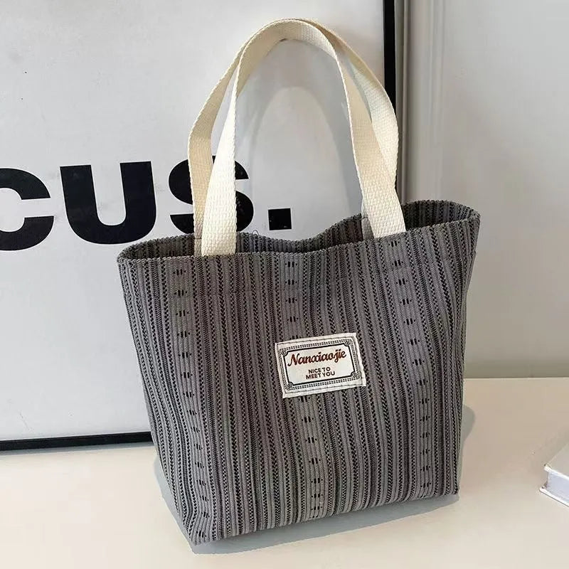 Japanese style corduroy tote handbag in dark brown colour showing large capacity interior