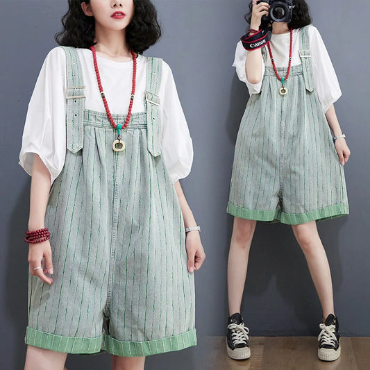Stylish striped denim overalls shorts for summer, high-waisted with adjustable straps