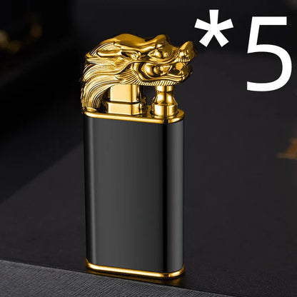 Metal windproof lighter with double flame and dragon design, showing flame from mouth.