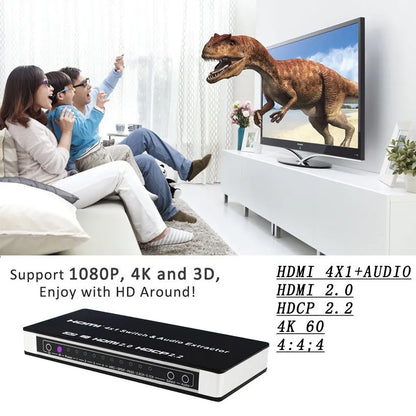 Black HDMI switch with remote control showing 4 HDMI inputs and 1 output for video switching with audio separation
