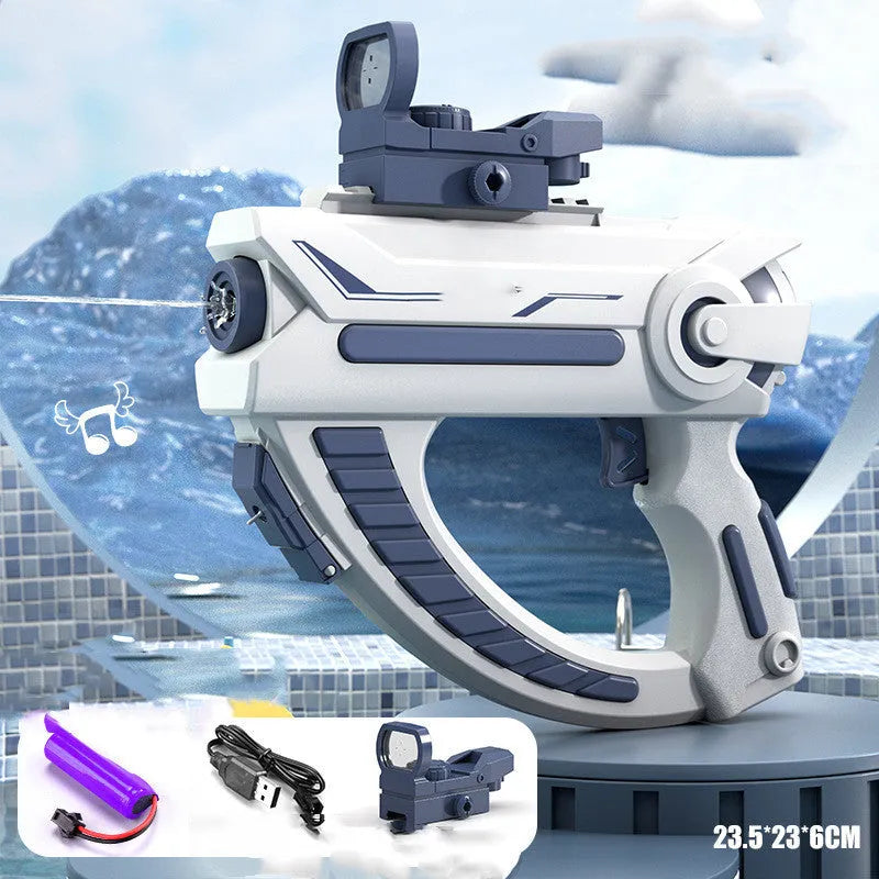 Blue automatic electric water gun toy with USB charging cable on a summer background