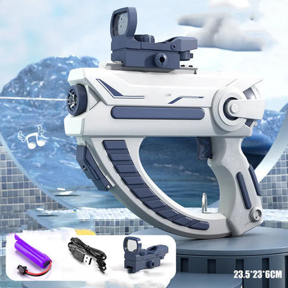 Blue automatic electric water gun toy with USB charging cable on a summer background