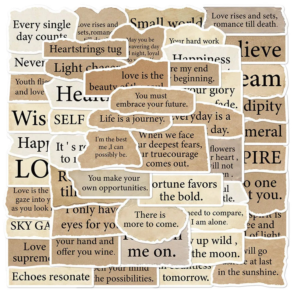 25 torn English text decorative stickers on PVC material with matte and bright film finishes, each measuring 4-7cm