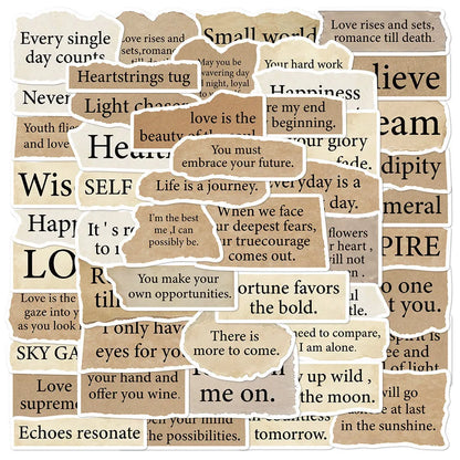 25 torn English text decorative stickers on PVC material with matte and bright film finishes, each measuring 4-7cm