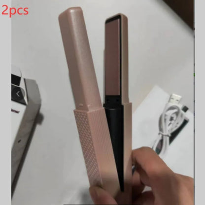 Pink and green cordless mini USB hair straightener and curler with ceramic plates.