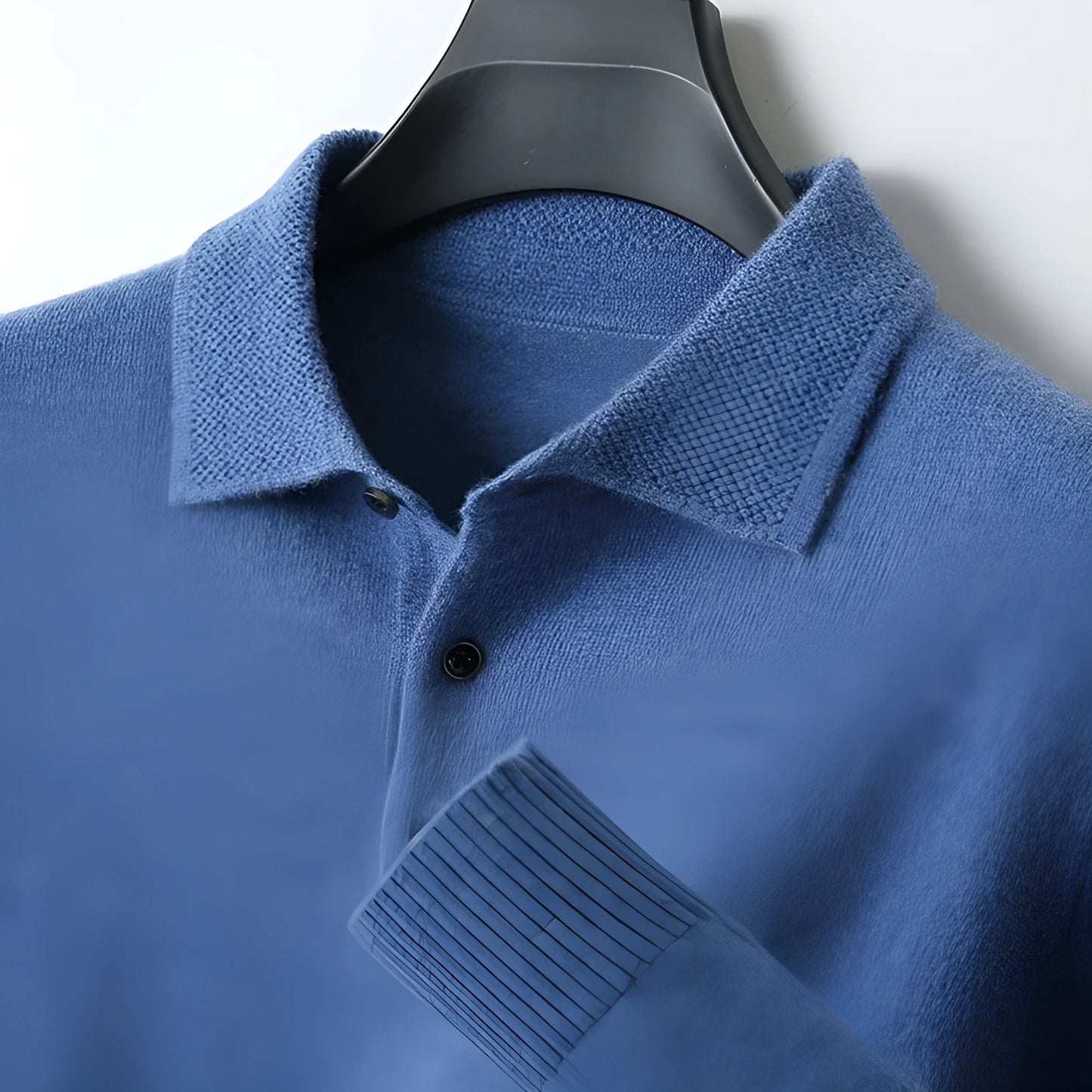 Men's woolen polo collar pullover sweater in seven colour options with long sleeves and textured stitching details