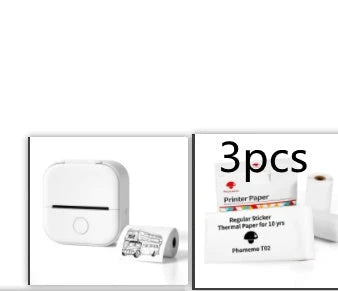 Compact Bluetooth-enabled thermal label printer in white, pink, and green colors with various label options