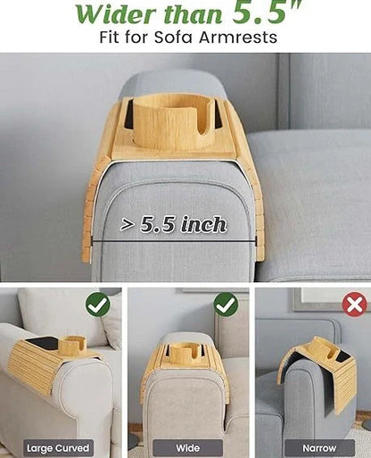Bamboo sofa tray with cup holder on sofa, 45cm length natural wood surface