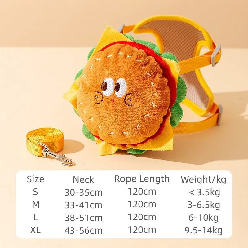Cartoon hamburger chips design adjustable pet vest leash rope with backpack in multiple sizes