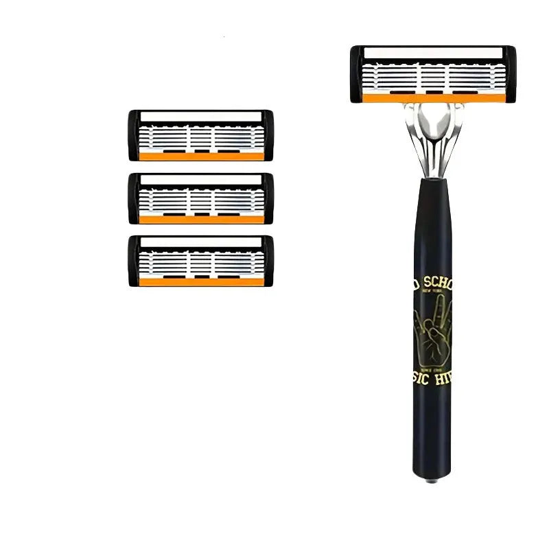 Black manual shaver finger handle with six-layer blade design showing multiple blade configurations
