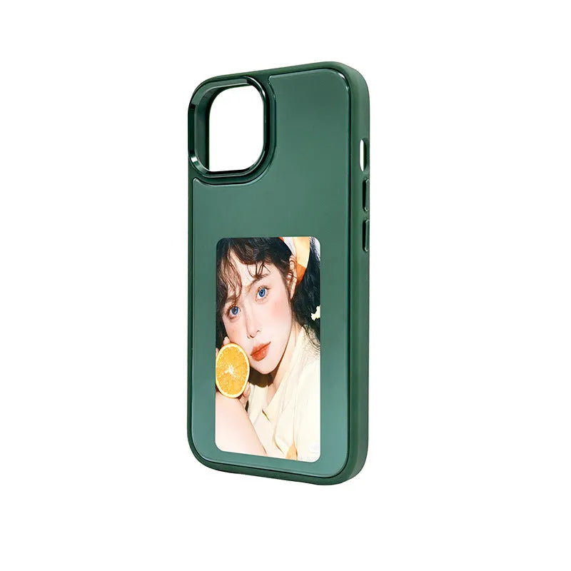 NFC projection screen e-ink phone case with bracket in Graphite Black, Green, and Pink for iPhone Pro models.