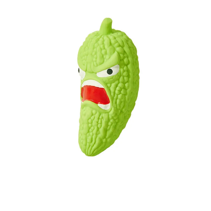 Bitter melon and chilli shaped dog toys with textured surfaces for tooth cleaning