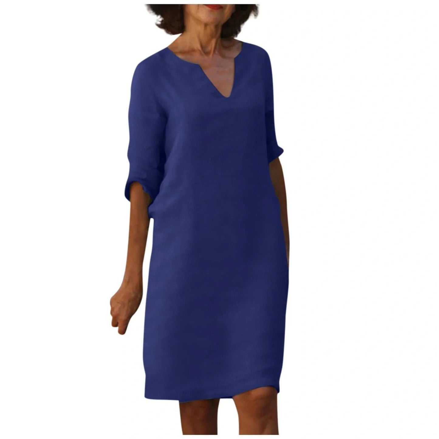 Retro cotton and linen V-neck dress with high waist and summer stitching in various colours