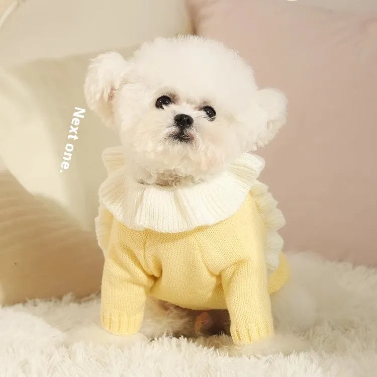 Autumn pet dog sweater made from acrylic knit fabric with chest measurement sizing for XS to XL pets from 1kg to 8kg, available in yellow XINGX or fairy dress casual style designs.