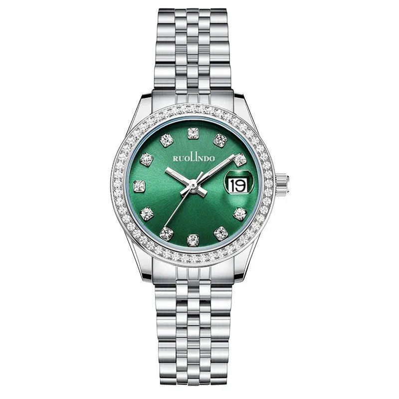 Women's silver alloy quartz watch with circular dial and stainless steel folding buckle.