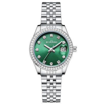 Women's silver alloy quartz watch with circular dial and stainless steel folding buckle.
