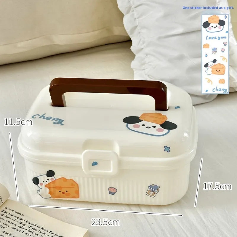 A white double-layer plastic storage box with large capacity, shown with a selection of large, medium, and small stickers.