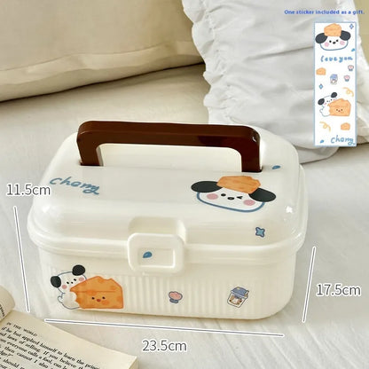 A white double-layer plastic storage box with large capacity, shown with a selection of large, medium, and small stickers.