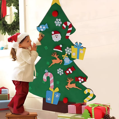 3D layered DIY felt Christmas tree with 32 decorations including Santa, reindeer, snowman, and stockings
