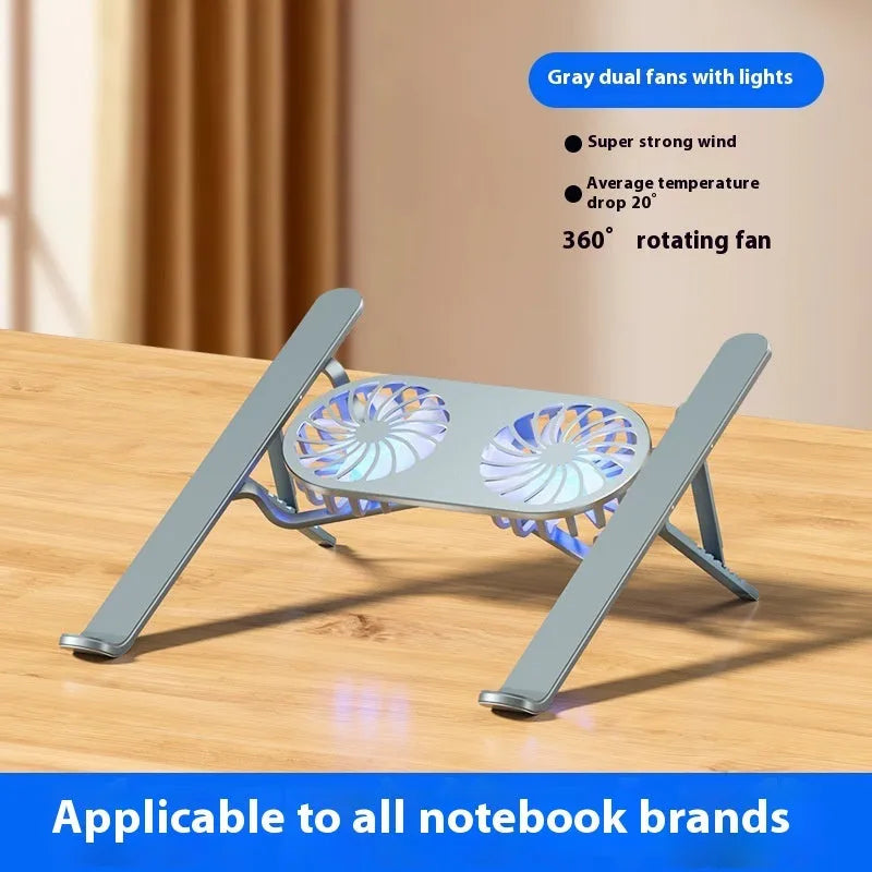 Aluminium alloy portable laptop cooling stand with twin fans and adjustable height mechanism in silver finish