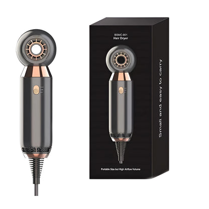 Compact leafless hair dryer with diffuser accessory, measuring 20cm with 800w power and ionic technology