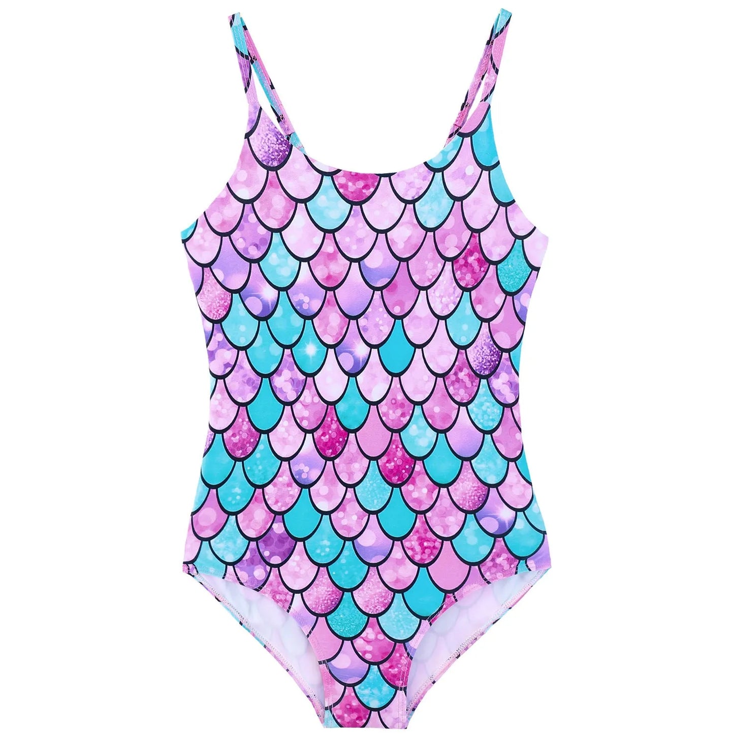 Children's mermaid one-piece swimsuit for girls in polyester with high elasticity, shown in various colours