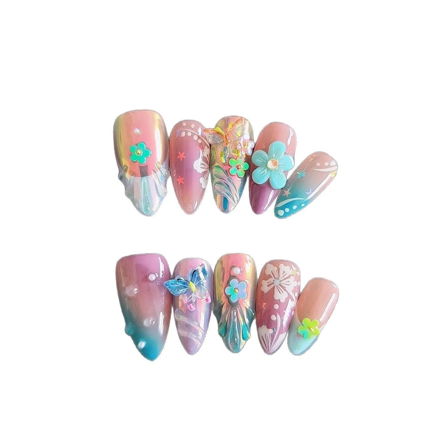 Handmade nail art sculpture set with embossed flower and butterfly designs in four sizes for almond-shaped nails