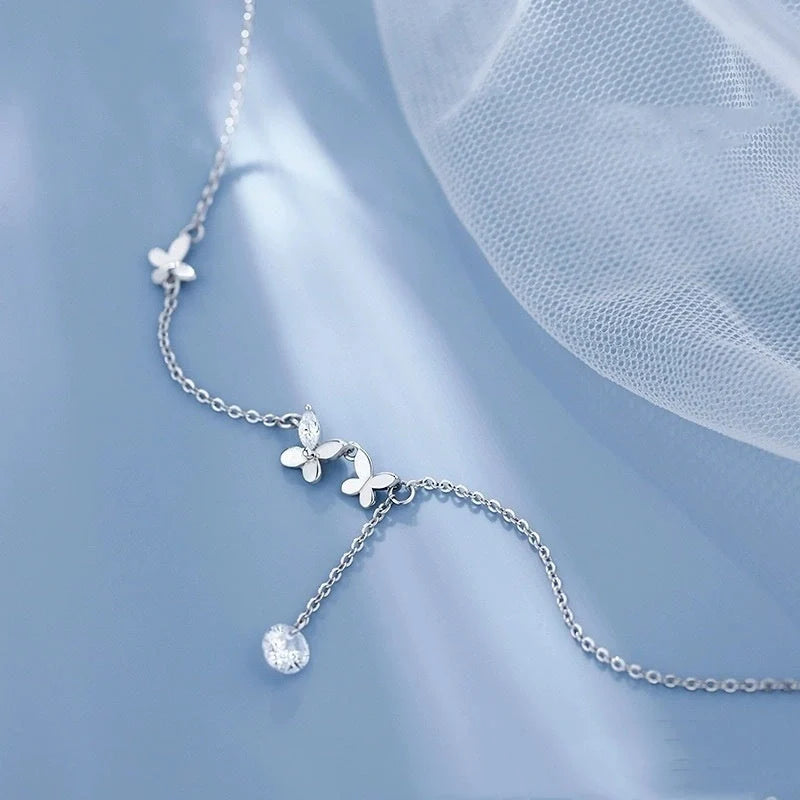 S925 Sterling Silver Butterfly Anklet with Zircon Flower Tassel in white gold color