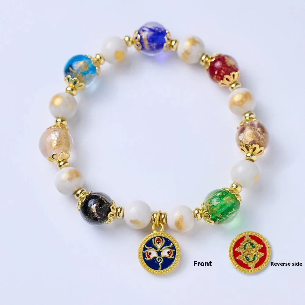Handmade fragrant gray porcelain bracelet with five Gods of Wealth design in coloured glaze glass