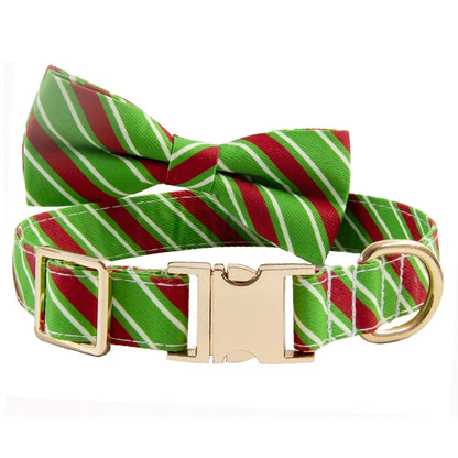 Striped personalised dog collar with engraved lettering in Candy Green colour with attached bow knot