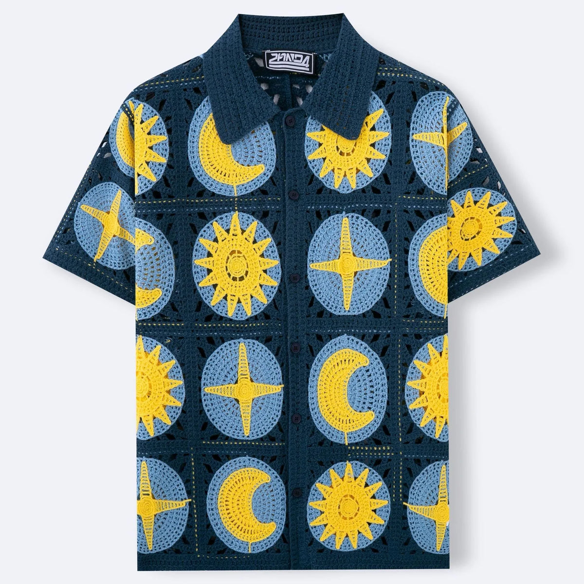 Navy blue men's cardigan with cartoon pattern flocking and short sleeves for summer