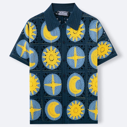 Navy blue men's cardigan with cartoon pattern flocking and short sleeves for summer