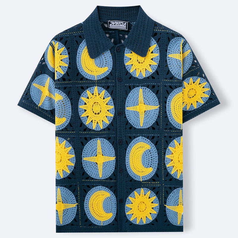 Men's Summer Cardigan Sweater in thin acrylic fabric, short-sleeved navy blue design with cartoon pattern flocking detail, available in Asian sizing from M to 3XL for leisure and casual wear in warm weather.