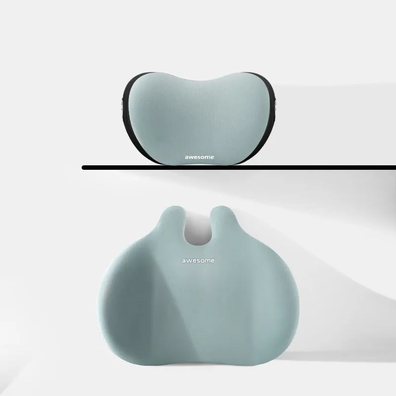 Car headrest and lumbar support pillow set in fabric with cotton filling.