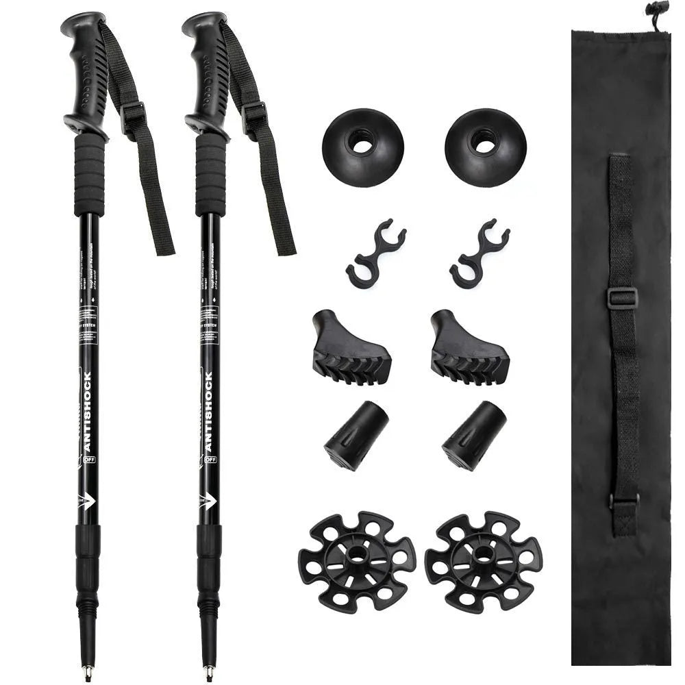 Aluminium alloy telescopic trekking pole extended with three straight handles and accessory attachments