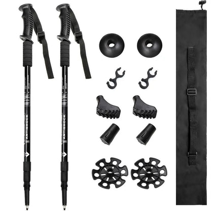 Aluminium alloy telescopic trekking pole extended with three straight handles and accessory attachments