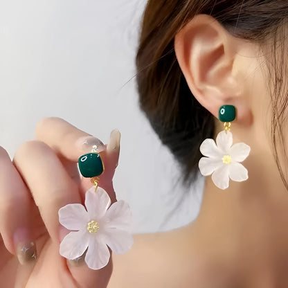 Dark green sweet flower design alloy earrings with needle construction for female wearers