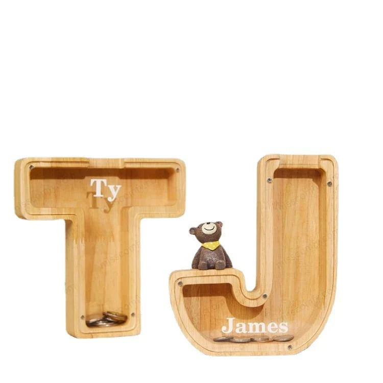 Custom Wooden Letter Money Box - Unique Personalized Savings Piggy Bank with Transparent Glass Panel