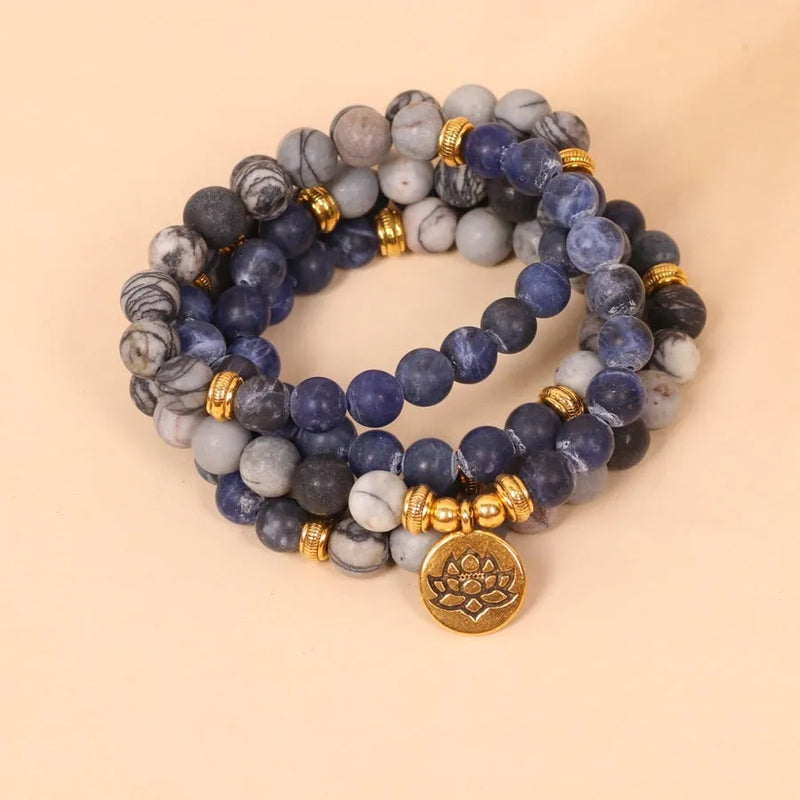 Blue patterned network stone beads multi-layer bracelet in natural fresh and sweet style with alloy components - jewellery accessory with multi-layer construction for stacking or standalone wear