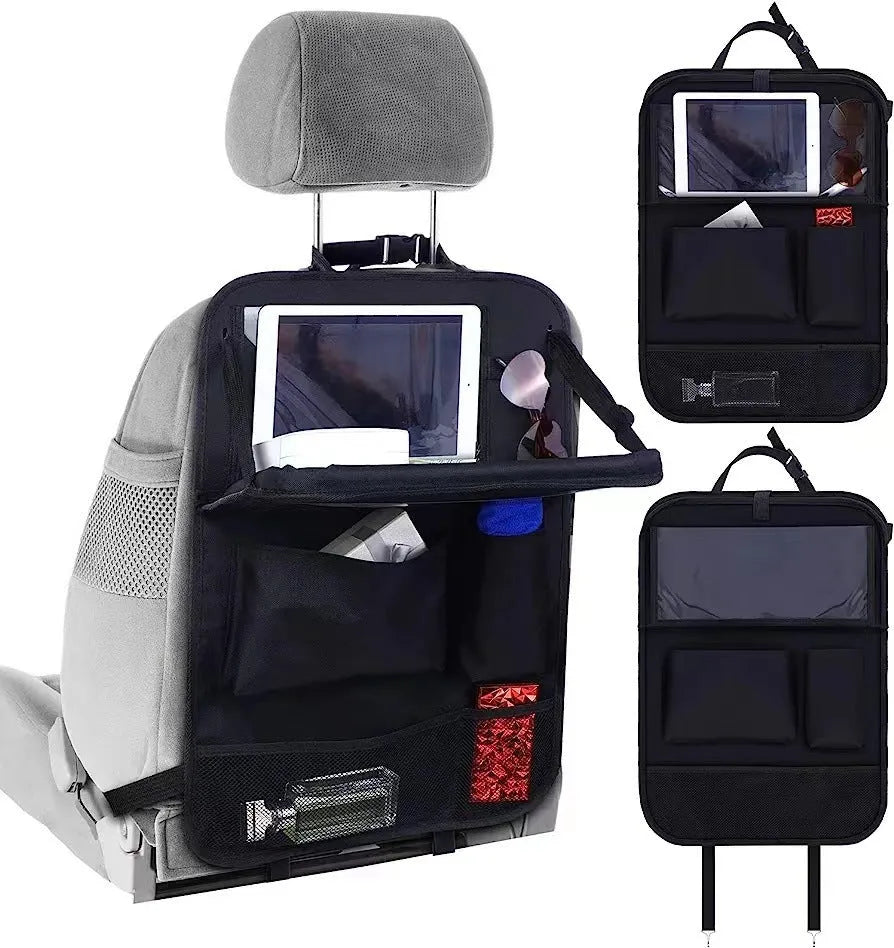 Black Oxford cloth car seat back storage bag with multiple hanging pockets, 42x30cm dimensions