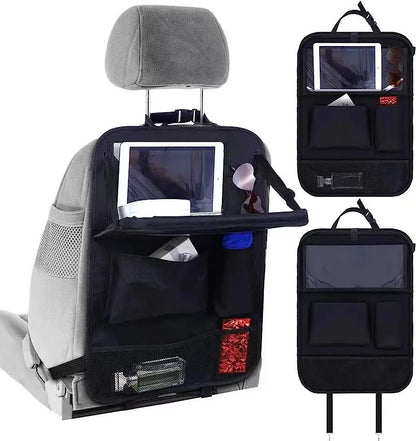 Black Oxford cloth car seat back storage bag with multiple hanging pockets, 42x30cm dimensions