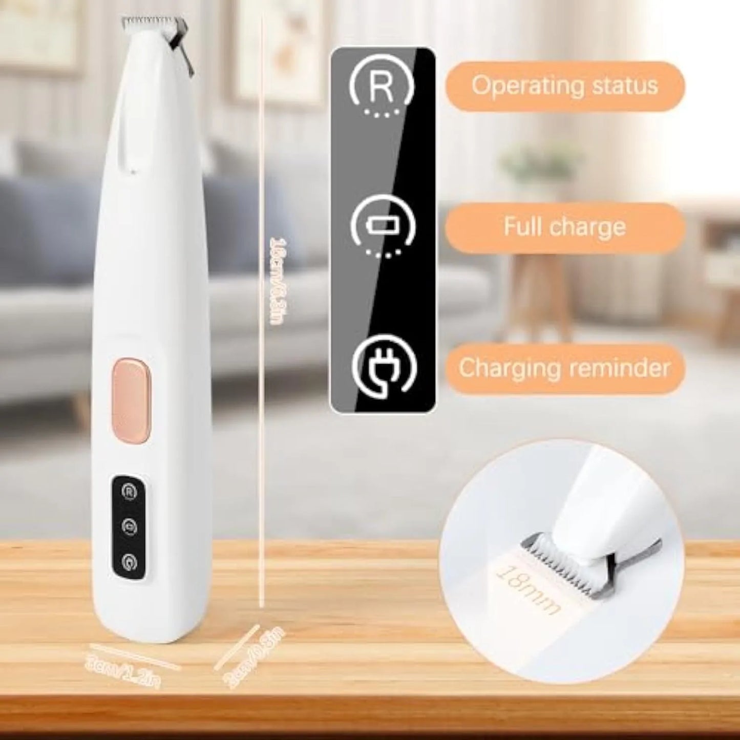 White rechargeable electric dog paw trimmer with LED light on a grey surface.