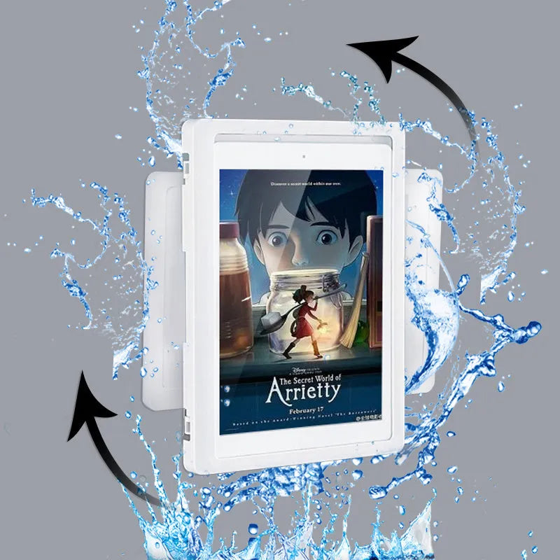 White waterproof phone case mounted on bathroom tile showing smartphone inside with touch screen accessible