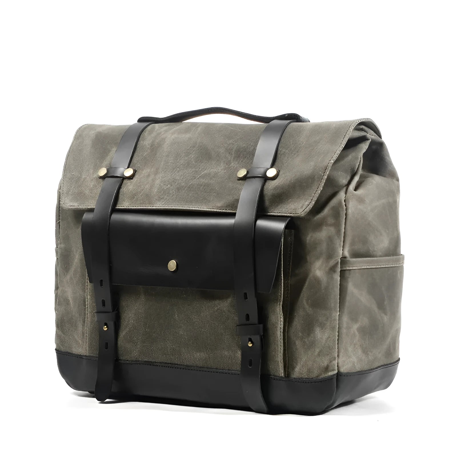 Camel Bag Knight cotton messenger bag in army green, showing main compartment, front flap, and internal document sleeve.