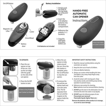 Black plastic electric can opener for hands-free opening of cans, jars, and bottles.